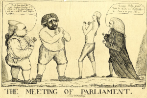 Eine Tuschezeichnung zeigt drei Personen, die diskutieren, wobei eine Person lebhaft gestikuliert, unter dem Titel "Die Parlamentssitzung."