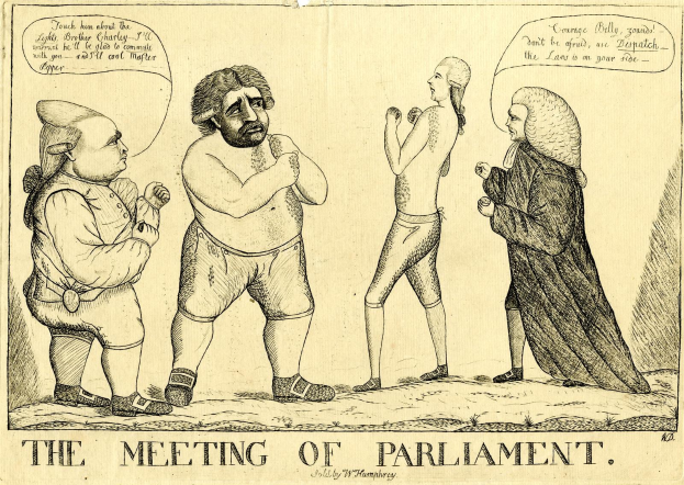 Eine Tuschezeichnung zeigt drei Personen, die diskutieren, wobei eine Person lebhaft gestikuliert, unter dem Titel "Die Parlamentssitzung."