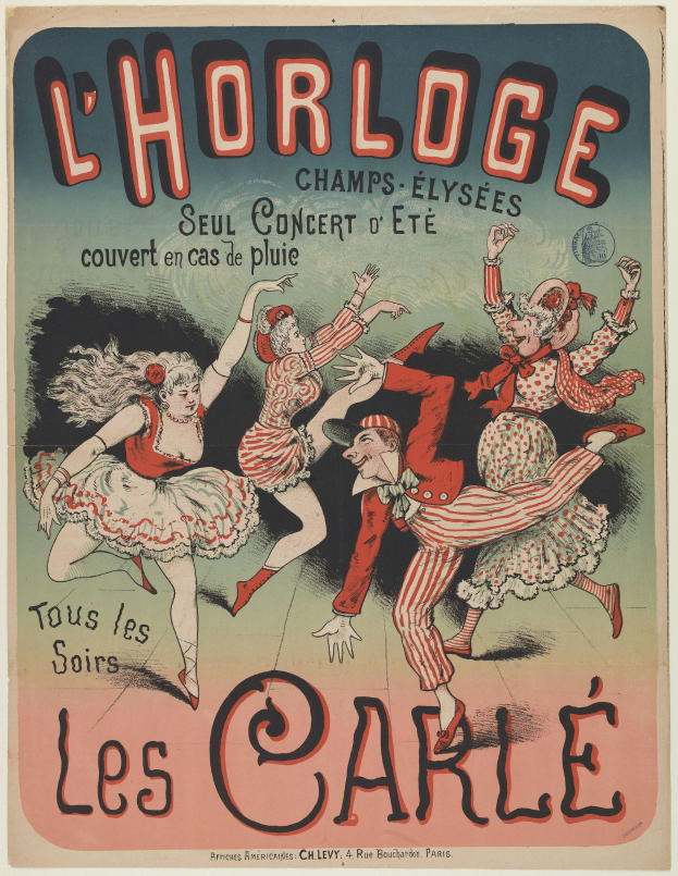 Ein lebendiger Konzertplakat für ein Event im Chorlage in Paris, Frankreich, mit einer Gruppe von Menschen, die in bunten Kostümen tanzen und strahlende Gesichter haben, umgeben von auffälligem Text auf einem hellgelben Hintergrund.