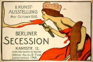 Ein Plakat, das eine Berliner Secession im Jahr 1900 ankündigt und eine Frau in einem roten Kleid zeigt, die ein Objekt hält, mit Texten, die Informationen über das Ereignis enthalten.