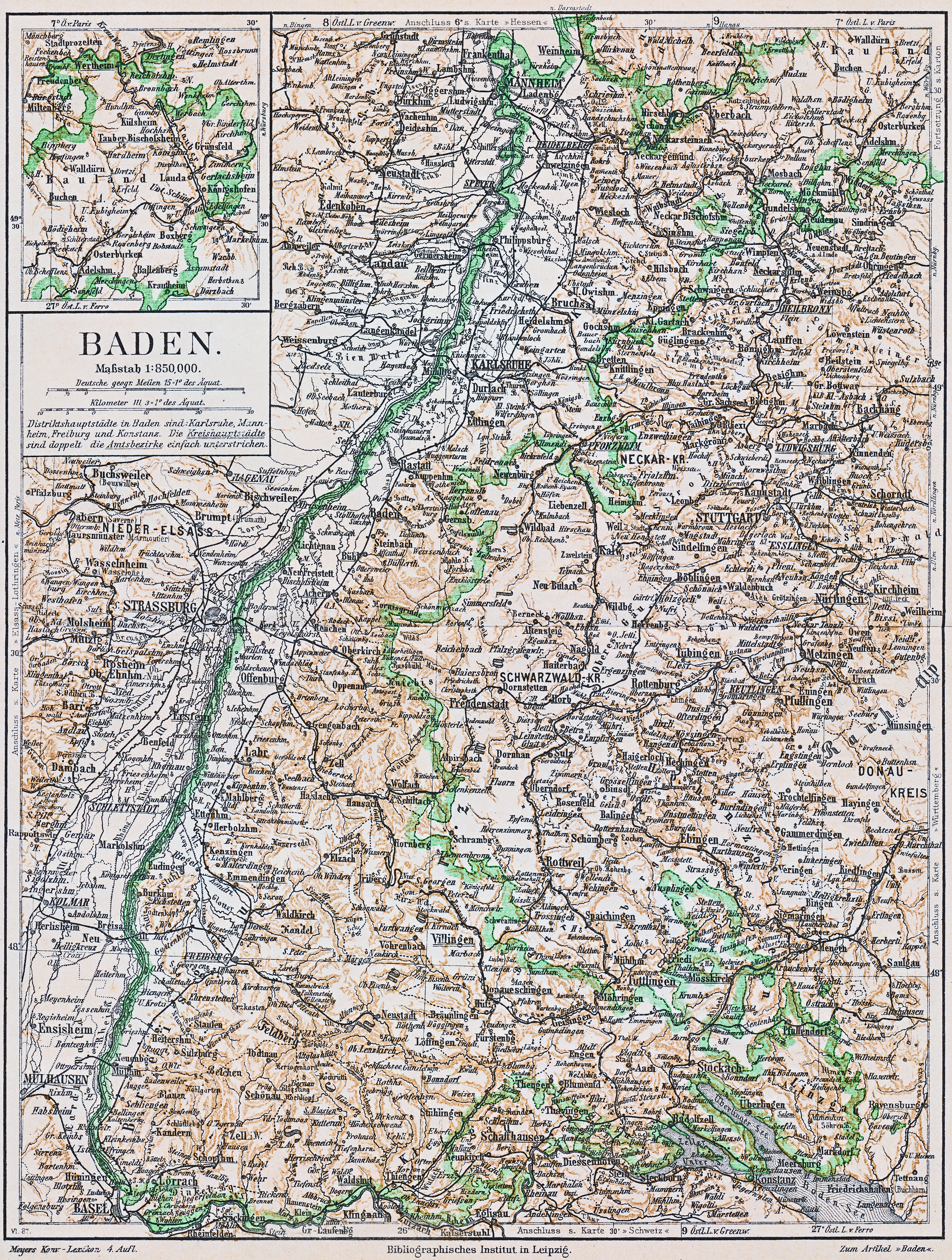 Ein detaillierter alter Stadtplan von Baden-Württemberg, Deutschland, der Straßen, Städte und geografische Merkmale zeigt, mit Text oben und unten.