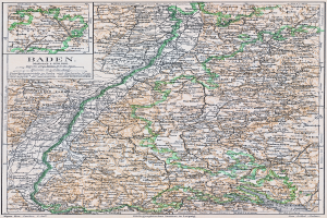 Ein detaillierter alter Stadtplan von Baden-Württemberg, Deutschland, der Straßen, Städte und geografische Merkmale zeigt, mit Text oben und unten.