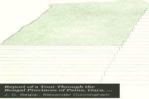 Ein Plakat mit einer traditionellen Gebäudezeichnung mit rotem Dach und weißen Wänden und der Inschrift 'Bericht über eine Tour durch die Bengal-Provinzen von Patna, Gaya' in fetter, zentrierter Schrift auf einem hellblauen Hintergrund.