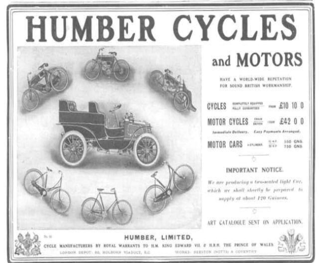 Anzeigetafel für Humber Cycles and Motors, die verschiedene Fahrräder und Kraftfahrzeuge zeigt.