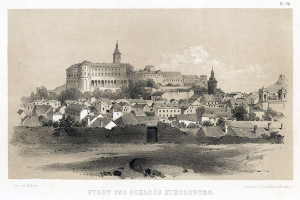 Eine Schwarz-Weiß-Zeichnung einer Stadt mit einem Schloss im Hintergrund, umgeben von Gebäuden und Bäumen, mit dem Text "Stadt und Schloss Nikolsburg in Berlin" unten.
