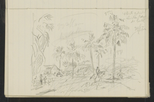 Ein offenes Skizzenbuch, das eine Zeichnung einer Gruppe von Menschen zeigt, die in einem üppigen, grünen Dschungel mit hohen Bäumen stehen, unter einem tiefblauen Himmel mit vereinzelten weißen Wolken und hellen Sonnenlicht.