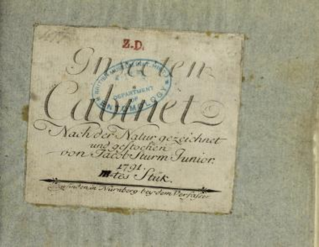 Altes Buch mit dem Titel "Z.D. Nürnberg, Deutschland, 1791" mit einem Stempel, der die erste Auflage anzeigt, und sichtbaren handgeschriebenen Text auf seinen Seiten.