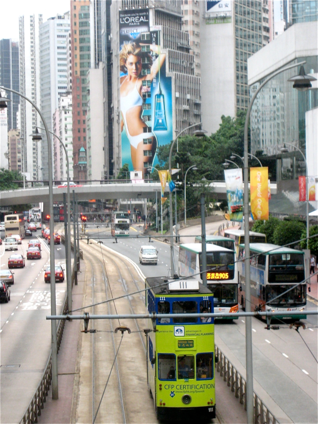 Eine belebte Stadtstraße mit verschiedenen Fahrzeugen, darunter Doppeldeckerbusse, Autos und andere Fahrzeuge, umgeben von hohen Gebäuden, Polen, Laternen, Schildern, Bannern, Bäumen und einer Brücke unter einem klaren blauen Himmel, mit Text am unteren Bildrand.