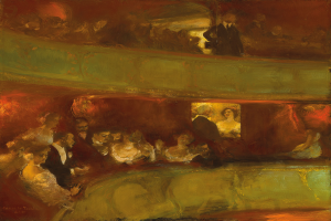 Ein Bild einer vielseitigen Gruppe von Menschen in einem hell erleuchteten Theater, einige stehen, einige sitzen, alle in eleganter Kleidung, schaffen eine lebendige und einladende Atmosphäre.