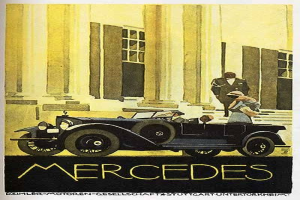 Vintage-Plakat aus den 1920er Jahren von Mercedes-Benz mit einem klassischen Auto vor einem modernen Gl├Ąserturm mit zwei Personen im Auto und schwarzer Schrift unten.