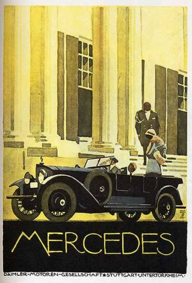 Vintage-Plakat aus den 1920er Jahren von Mercedes-Benz mit einem klassischen Auto vor einem modernen Gl├Ąserturm mit zwei Personen im Auto und schwarzer Schrift unten.