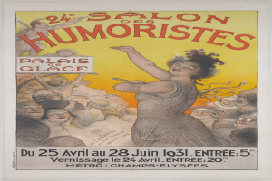 Plakat für den Salon des Humoristes in Paris mit einer Frau im Mittelpunkt einer Menschenmenge und Event-Text.