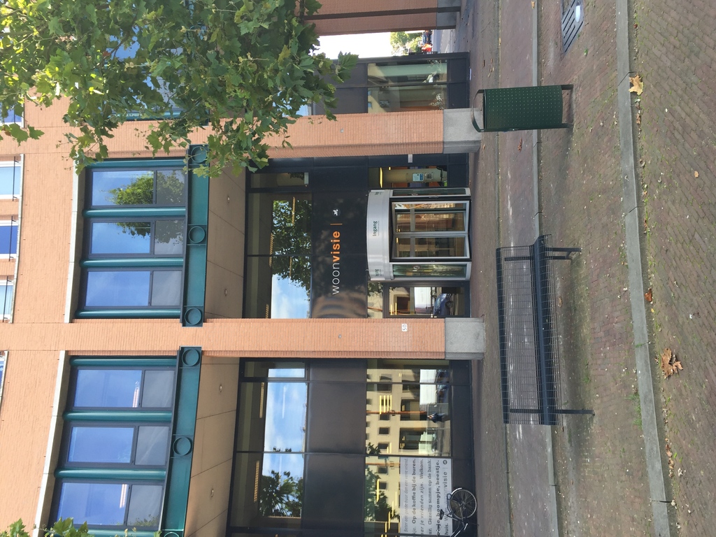 Ein Gebäude mit einem Müllcontainer, einer Bank, einem Baum und einer Fahne davor.