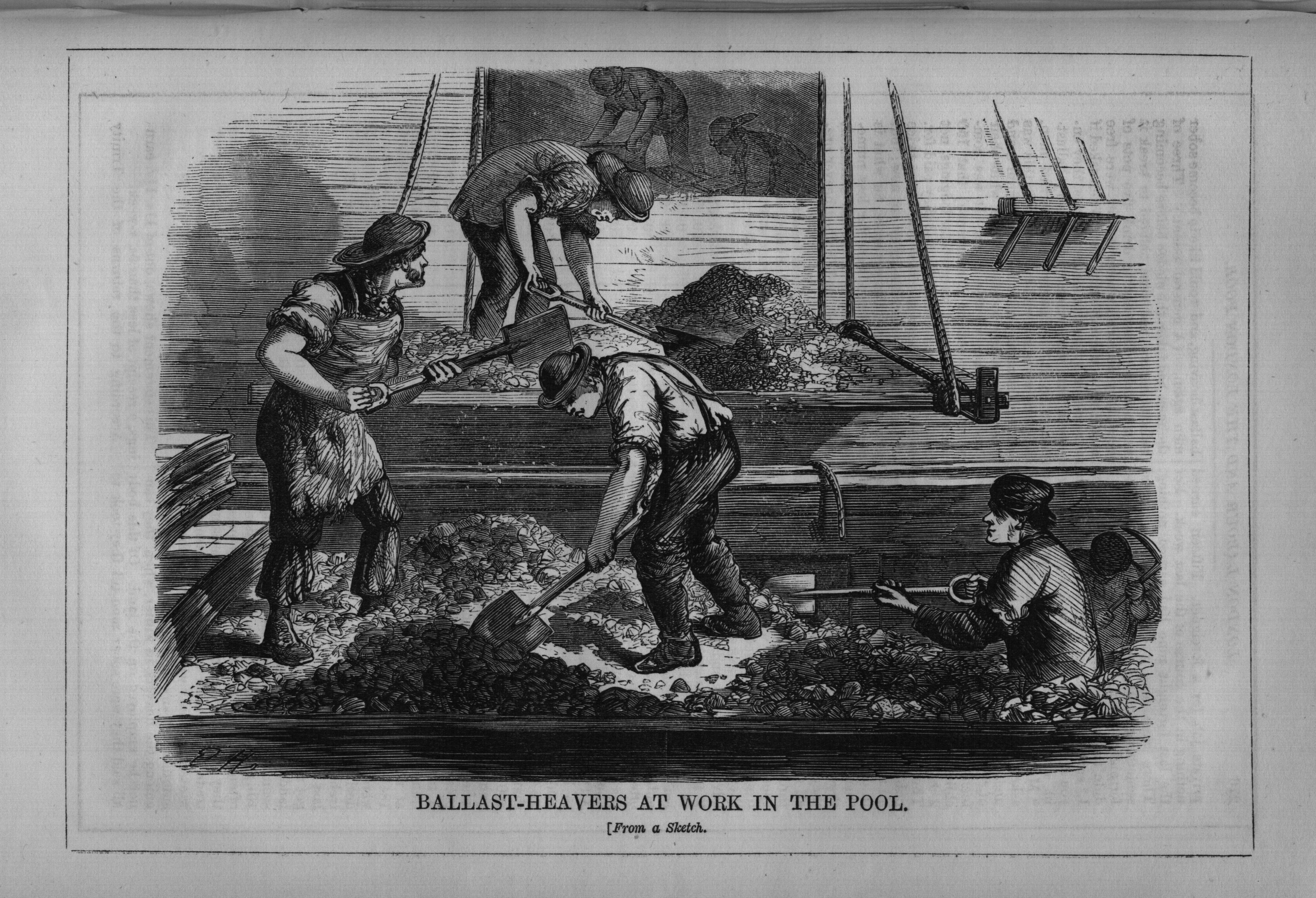 Schwarzes und weiße Bild von Menschen, die in einem Pool arbeiten, einige halten Schaufeln, mit dem Text "Ballast-Heavens bei der Arbeit im Pool" unten.