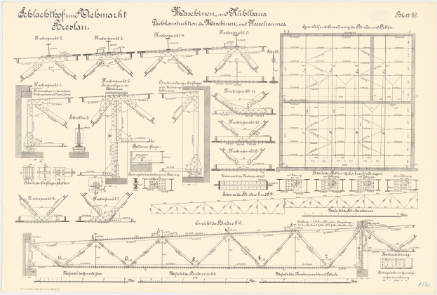 Ein detaillierter architektonischerBlueprint einer Eisenbahnbrücke, der konstruktive Komponenten wie Trägern und Balken mit begleitenden Textanmerkungen zeigt.