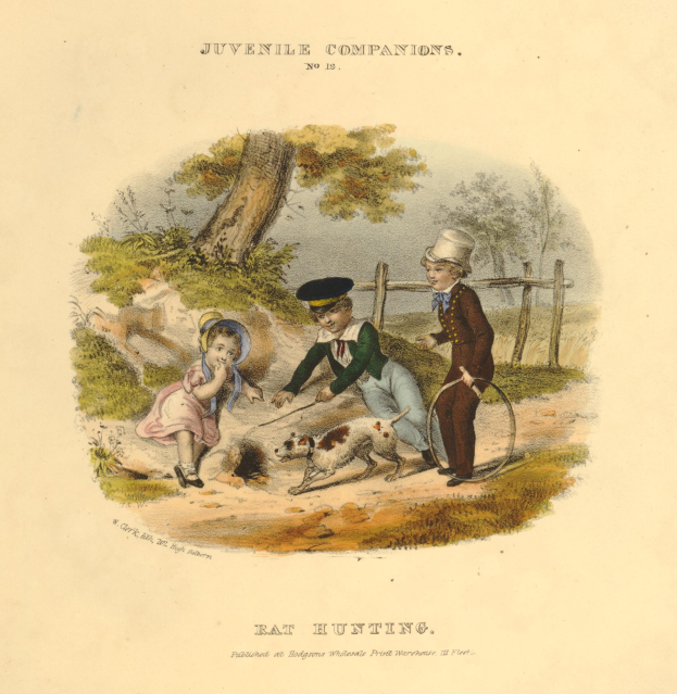 Zeichnung eines Kindes, das drei Kinder beim Spielen mit einem Hund im Park zeigt, umgeben von Bäumen, Pflanzen und einem Zaun, mit Text unten.