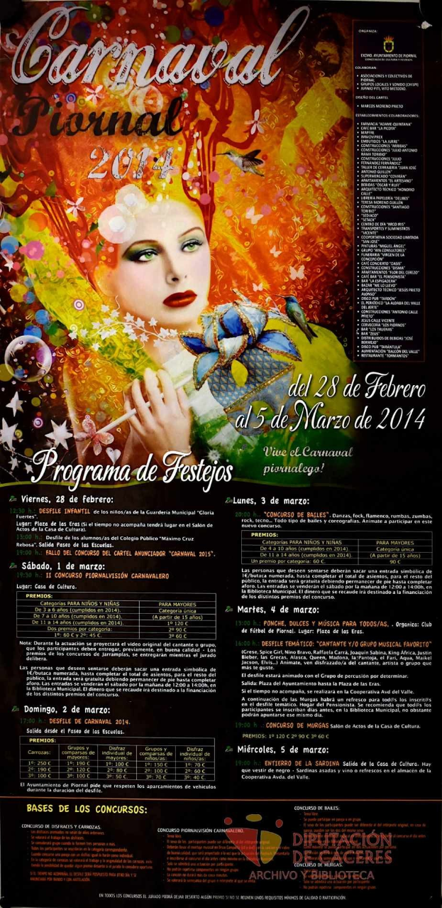Plakat für das Karnevalsfest 2014 mit einer Frau in einem bunten Kleid, die in der Mitte strahlt, umgeben von schwarzem Text auf einem leuchtenden gelben Hintergrund.