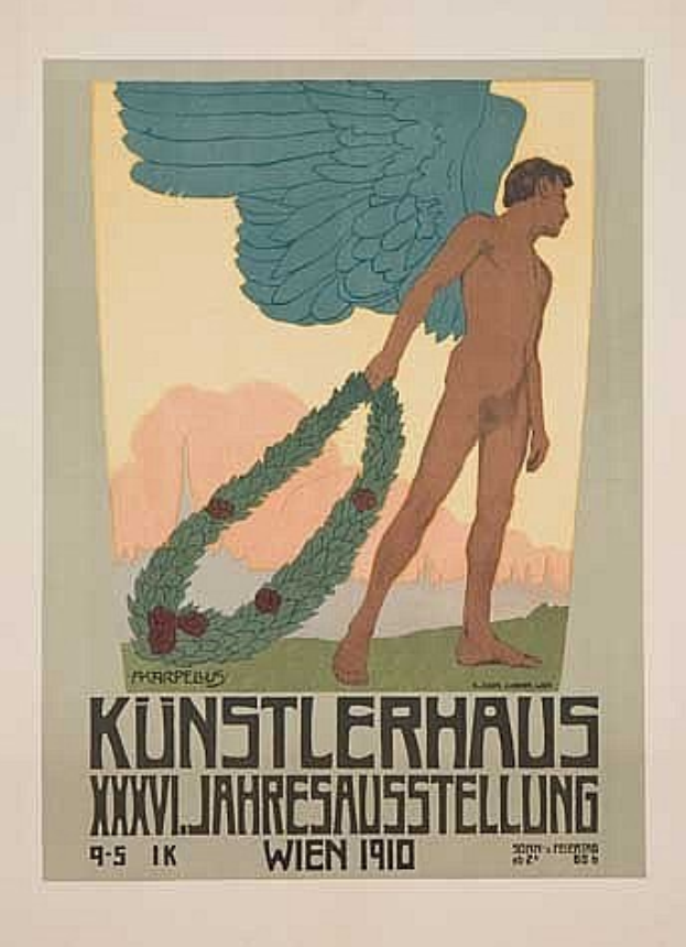 Deutsches Propagandaplakat aus dem Jahr 1910 für das Künstlerhaus Wien, das einen geflügelten Mann in einem Kranz zeigt, mit entschlossener Miene und ausgestreckten Armen.