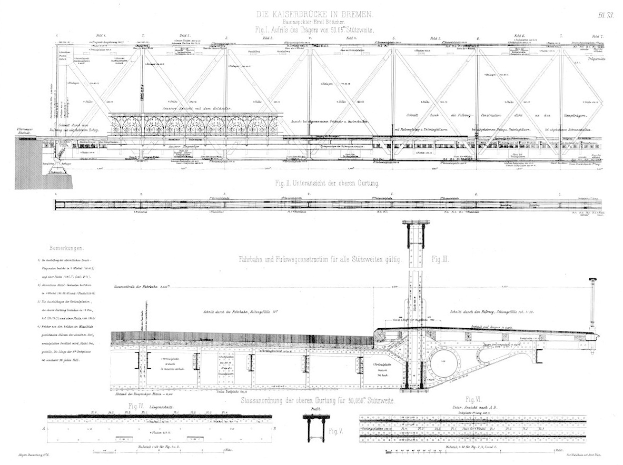 Ausführliches Bild einer Brücke mit Text, das die Kaiserbrücke in Bremen zeigt.
