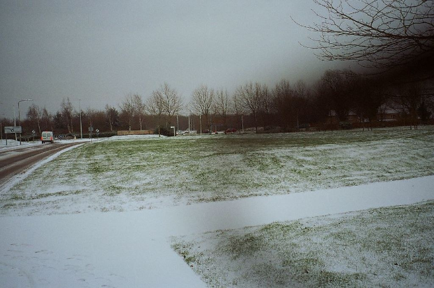 Schneebedeckte Straße mit Nebel, Fahrzeuge fahren und Bäume am Straßenrand.
