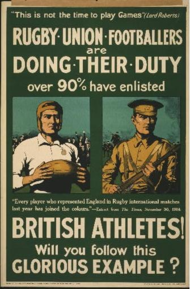 Britisches WWI-Recruiting-Plakat mit zwei Rugby-Union-Fussballern in Militäruniformen, mit Text zur Förderung der Musterung von Athleten.