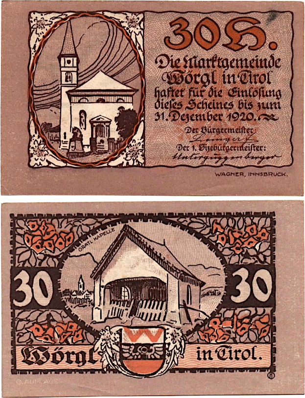 Alte deutsche Banknote aus den 1930er Jahren mit einem Nennwert von 30 Pfennig, die eine Kirchenillustration in der Mitte umgeben von Text zeigt.