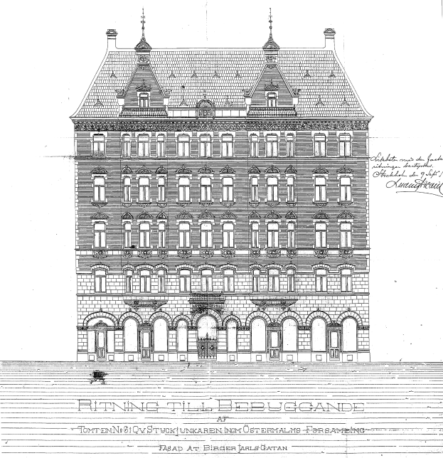 Schwarze und weiße detaillierte Zeichnung des Ritz-Carlton Hotels in Hamburg, Deutschland, mit einem Gebäude mit vielen Fenstern und sichtbarem Text.