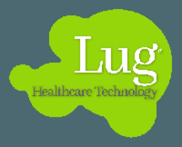 Logo von Lug Healthcare Technology mit fettem schwarzen Text in der Mitte eines weißen Hintergrunds, umgeben von einem blauen Kreis mit weißer Umrandung.