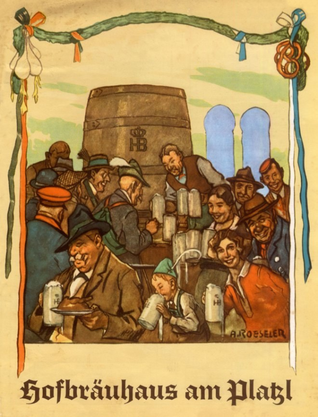 Plakat für ein Bierfest in Deutschland mit einer Gruppe von Menschen, die Biergläser halten und einen Fass im Hintergrund, mit deutschem Text unten.