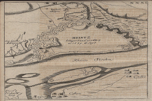 Ausführliche alte Karte von Meintz, Deutschland, zeigt Straßen, Gebäude, Sehenswürdigkeiten und Text mit historischem und geografischem Informationsgehalt.