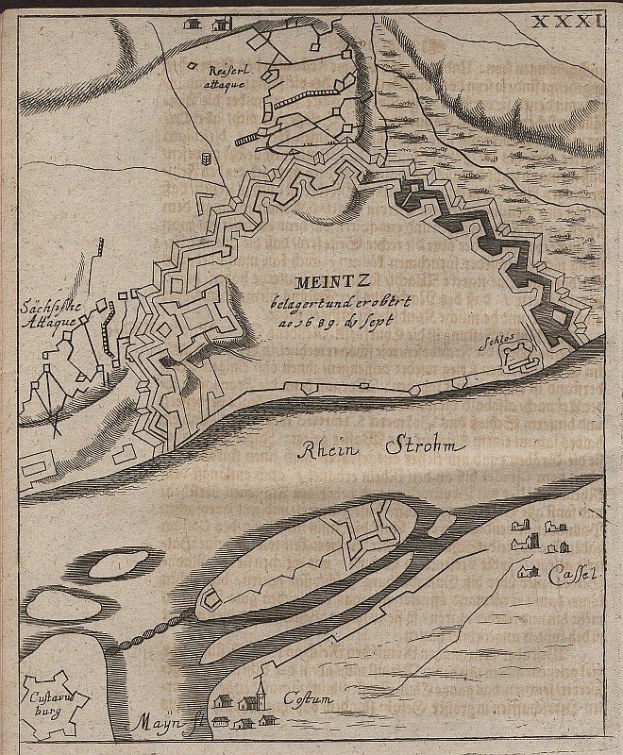 Ausführliche alte Karte von Meintz, Deutschland, zeigt Straßen, Gebäude, Sehenswürdigkeiten und Text mit historischem und geografischem Informationsgehalt.
