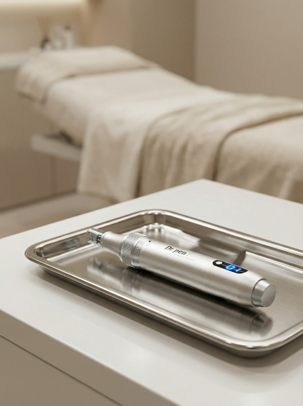 Professionelles Microneedling-Gerät auf einem sterilen Tablett in einem modernen Kosmetikstudio.