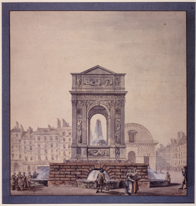 Eine Zeichnung eines Brunnens inmitten einer gerahmten Stadtlandschaft mit umgebenen Gebäuden und Menschen.