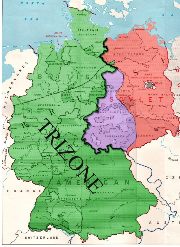 Ein Plakat, das eine Deutschlandkarte mit den Trizonen-Provinzen in verschiedenen Farben und begleitendem Text zeigt.