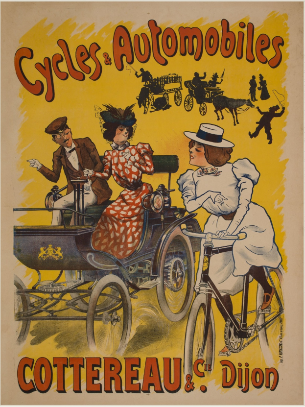 Plakatwerbung für Fahrräder und Automobile in Cottereau und Dijon, Frankreich, das Menschen auf Fahrrädern und eine Kutsche zeigt, mit dem Text "Fahrräder und Automobile" oben.