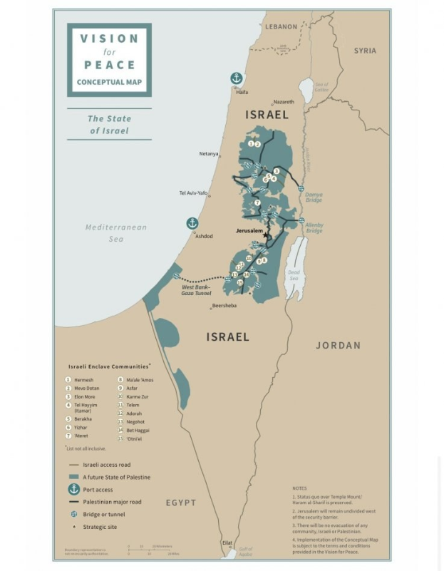 Plakat mit der Aufschrift "Vision für Frieden-Konzeptkarte" mit einer farbcodierten Karte Israels in fetter schwarzer Schrift.