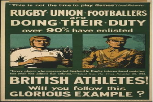 Zwei Rugbyspieler in einem Plakat, das britische Athleten zur Einberufung auffordert, mit begleitendem Text.
