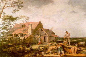 Ein Gemälde mit dem Titel 'Die Farmerin' von Jan Brueghel dem Älteren zeigt einen Mann und eine Frau vor einem Reetdachhaus, umgeben von Tieren, einem Karren, einem Holzzaun, Bäumen und einem bewölkten Himmel.