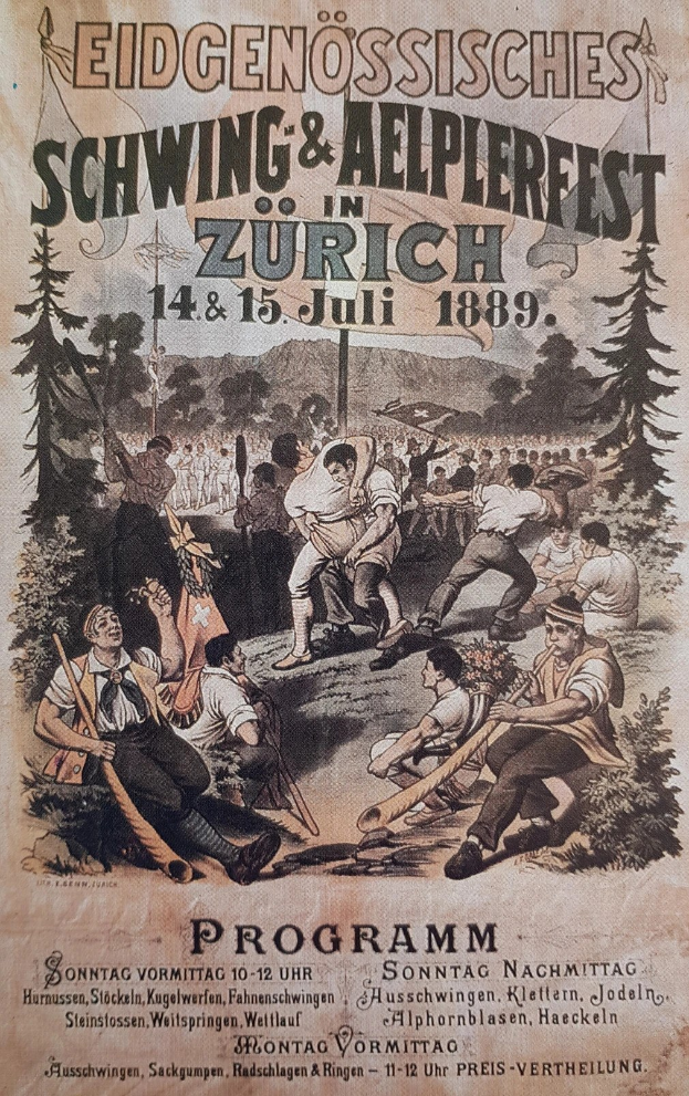 Altes Plakat wirbt für ein Festival in Zürich, Schweiz, mit einer Gruppe von Menschen mit Stöcken und Bäumen im Hintergrund sowie Text.