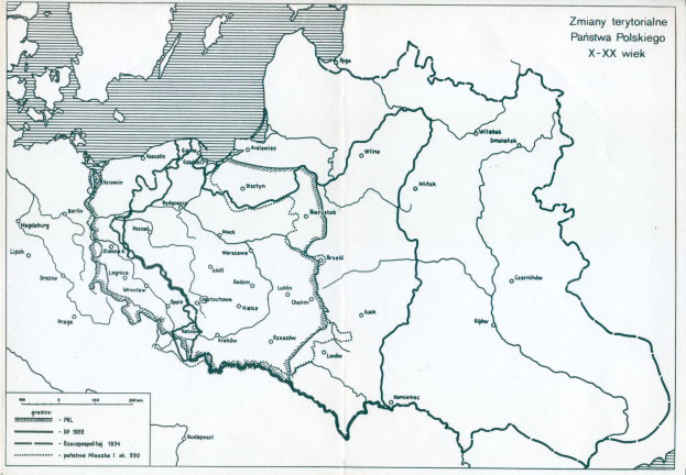 Ein Plakat mit einer detaillierten Karte Polens und dem Umfang des Polnischen Reiches, versehen mit Text und numerischen Daten.