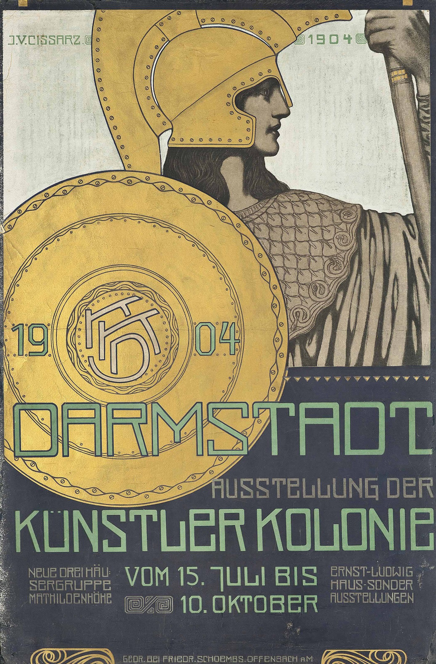 Plakat für ein 1904er Konzert in Berlin mit einem Helmträger, der ein Schild hält, und der Schrift «Darmstadt» und «Künstler Kolonie»