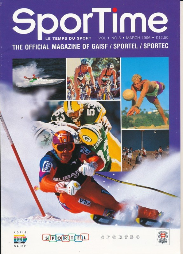 Titelbild von *Sporttime Magazine* (März 1996) mit Skifahren und Snowboarden sowie Text und Logos.