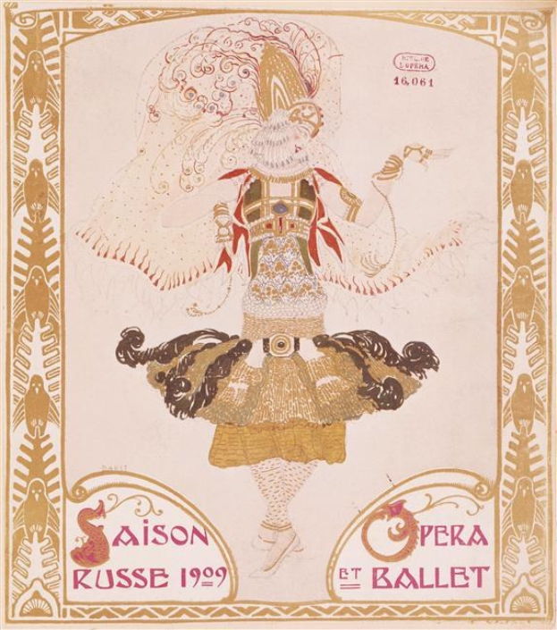 Plakat für eine 1909er Pariser Ballettvorstellung mit dem Titel "Saison Russe", das eine gemalte Tänzerin in einer anmutigen Pose zeigt mit "Opéra et Ballet" in fetter Schrift.