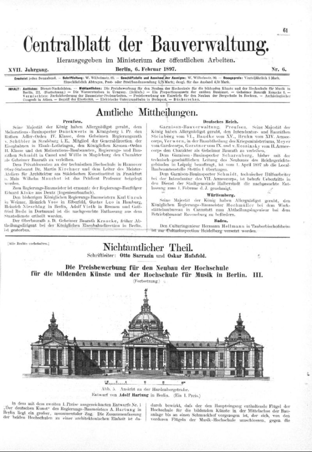 Alte deutsche Zeitungsvorderseite vom 6. Februar 1897 mit einer detaillierten Illustration eines großen, verzierten Gebäudes mit einem prächtigen Eingang und mehreren Fenstern, eingerahmt von dekorativen schwarzen Tintenrändern und Text.
