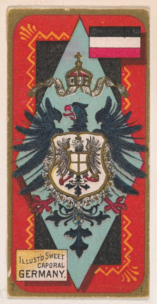 Alte deutsche Spielkarte mit einem Wappen, einem Logo und Text in klassischem Design.