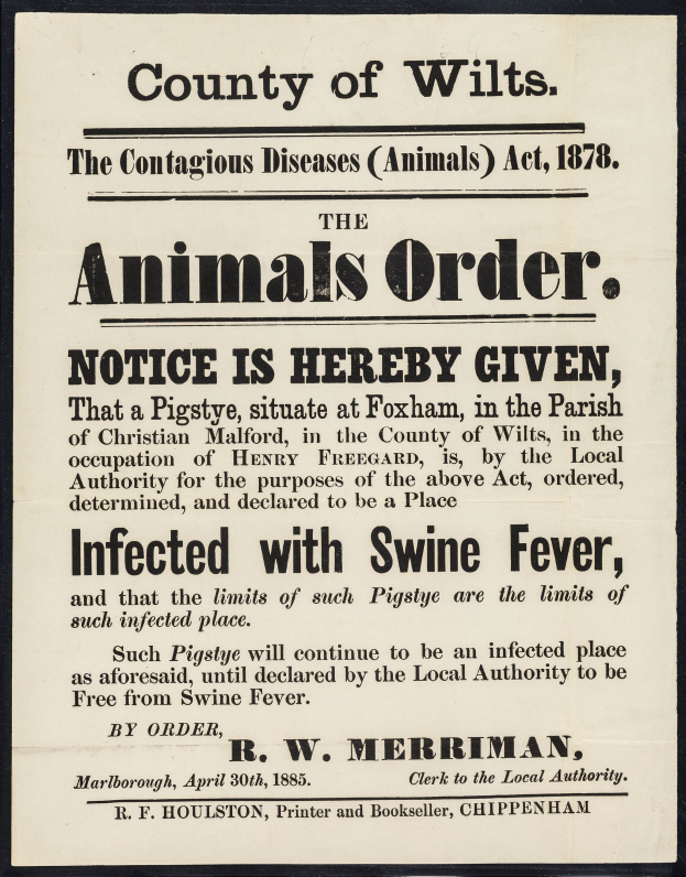 Ein Plakat mit der Aufschrift "Der Landkreis Wiltshire, das Tierseuchengesetz von 1878" gibt bekannt, dass eine Schweinepest ausgebrochen ist.