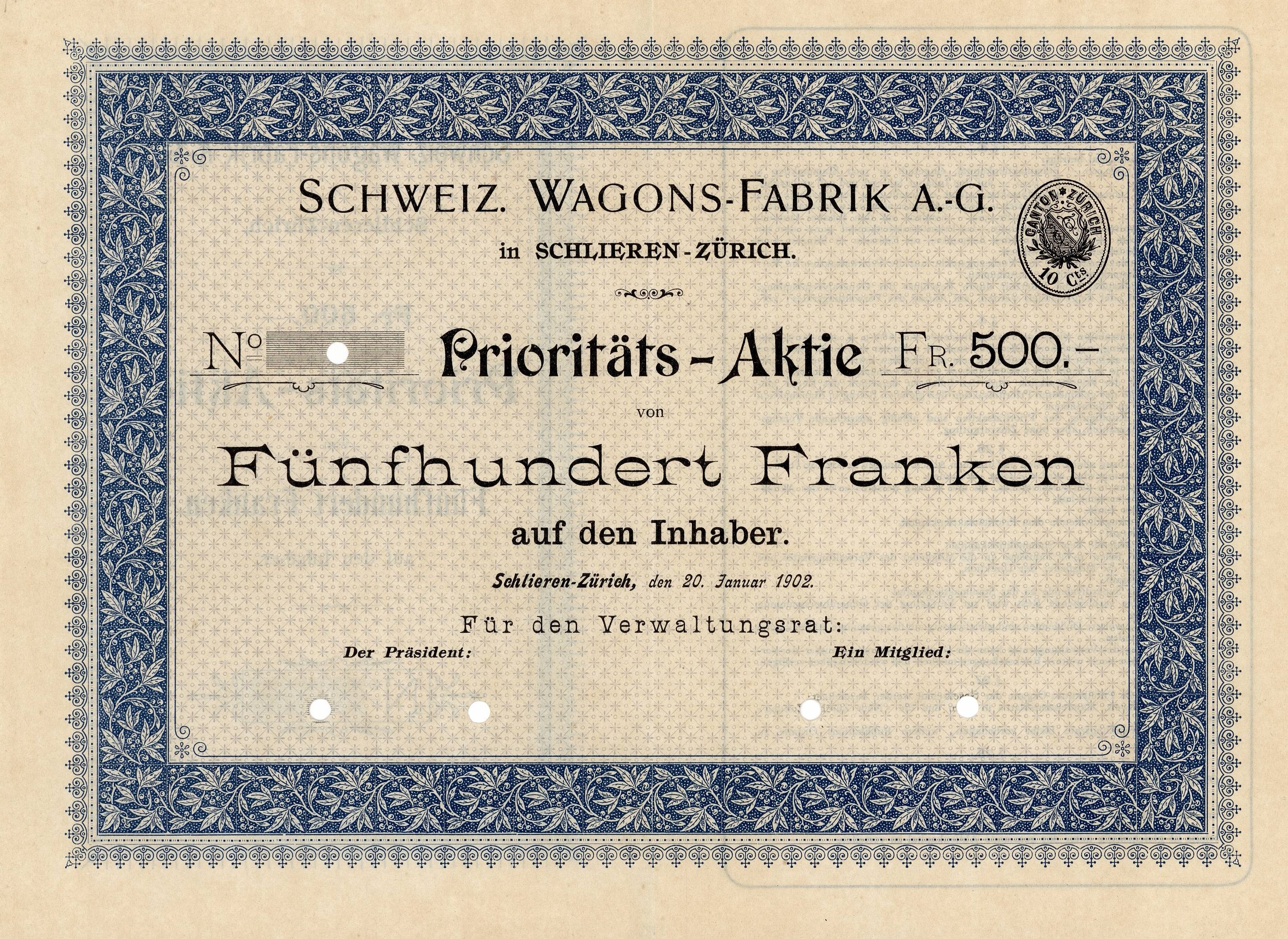 Ein altes deutsches Wertpapier mit blauem Rand und der Aufschrift "Schweiz Wagons-Fabrik A.G."