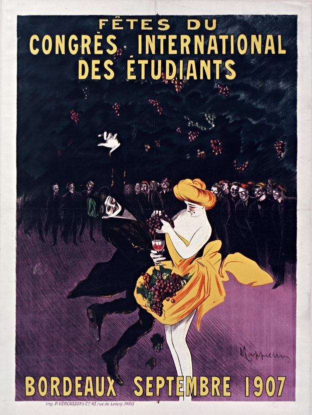 Plakat aus dem Jahr 1907, das eine Weinprobe in Bordeaux, Frankreich, ankündigt, auf dem eine Frau in einem gelben Kleid mit einem Weinglas zu sehen ist, umgeben von einer Gruppe von Menschen.