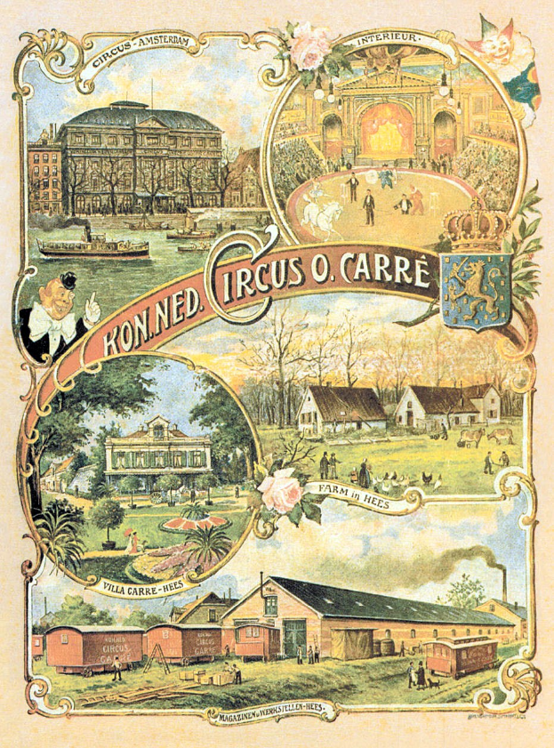 Ein farbenfrohes Zirkusposter in einer Stadtlandschaft, umgeben von Gebäuden, Bäumen, Menschen und Tieren, mit detaillierten und kräftigen Farben.