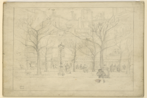 Eine Zeichnung einer Stadtstraße mit Menschen, die spazieren gehen, hohen, grünen Bäumen, die Schatten spenden, und Gebäuden im Hintergrund, die eine Stadtlandschaft bilden.